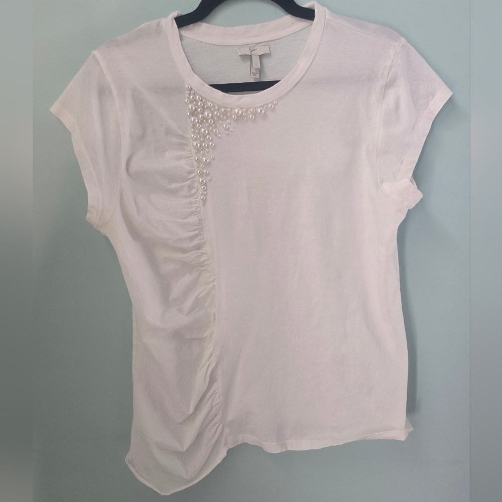 Joie White Pearl-Embellished Super Soft Top Cap Sleeves